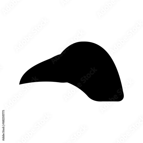 Silhouette of a bird head with a large curved beak against white