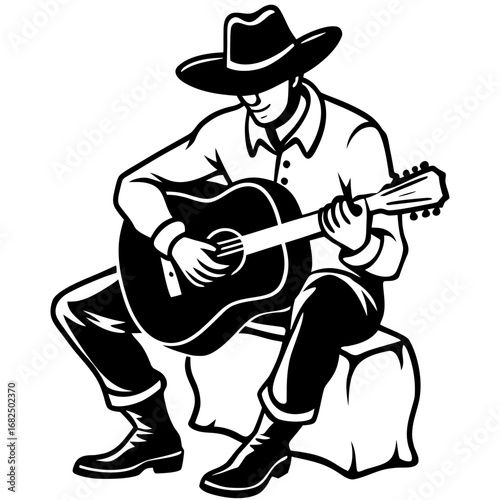 Cowboy Playing Guitar Illustration – Musician and Country Song Artwork