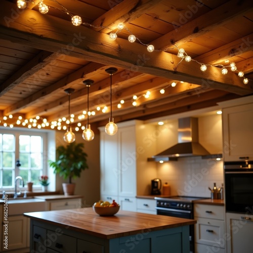 Hanging fairy lights draped over wooden ceiling beams in a farmhouse-style kitchen