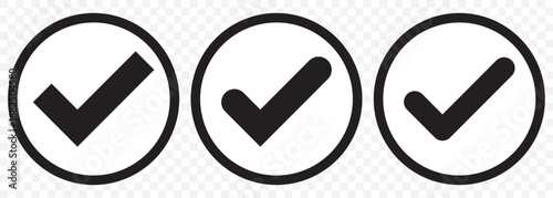 Black Tick mark icon. Approved, verified and protected icons. Guarantee, approval, acceptance and quality vector badges. Isolated vector on Transparent Background. EPS 10.