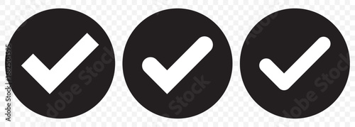 Black Tick mark icon. Approved, verified and protected icons. Guarantee, approval, acceptance and quality vector badges. Isolated vector on Transparent Background. EPS 10.