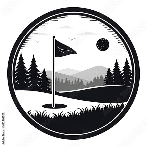 Circular emblem of a golf course with flag and mountains