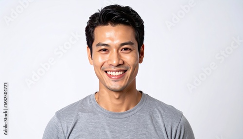 Close-up portrait of a smiling, handsome Asian man with dark hair and a gray t-shirt, against a bright white background