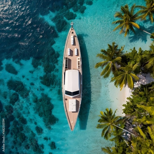 Luxury yacht anchored near a lush tropical island with turquoise shallow waters, bird’s-eye view, vivid colors and tropical serenity, no people,Generative Ai
