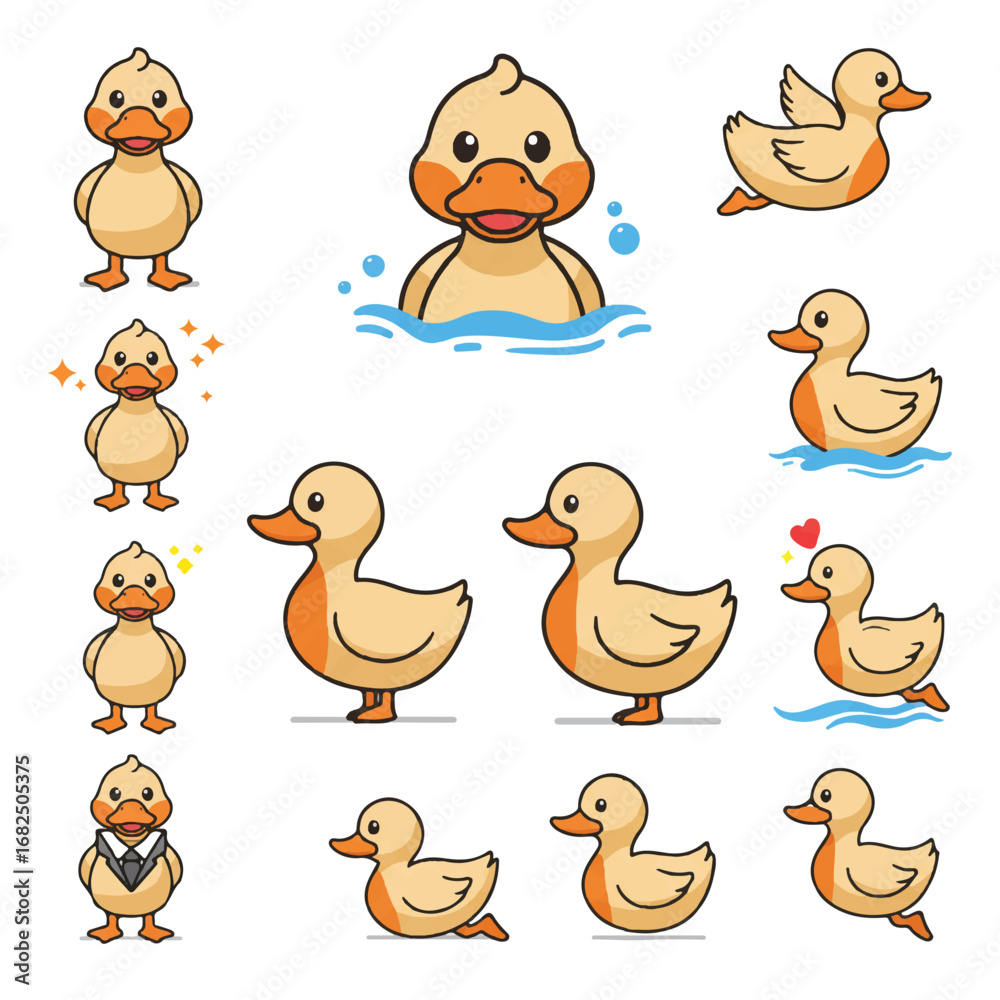 Fototapeta premium A delightful set of vibrant flat 2D vector duck mascot illustrations, showcasing a cheerful yellow waterbird in various poses, isolated on a bright white background.