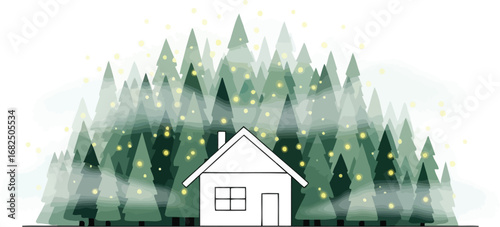 A serene minimalist illustration of a house nestled amidst with a lush forest, evoking a sense of peace and tranquility