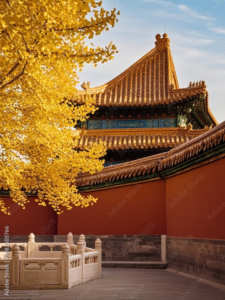 Fototapeta premium Traditional Chinese Architecture with Golden Ginkgo Tree in Autumn
