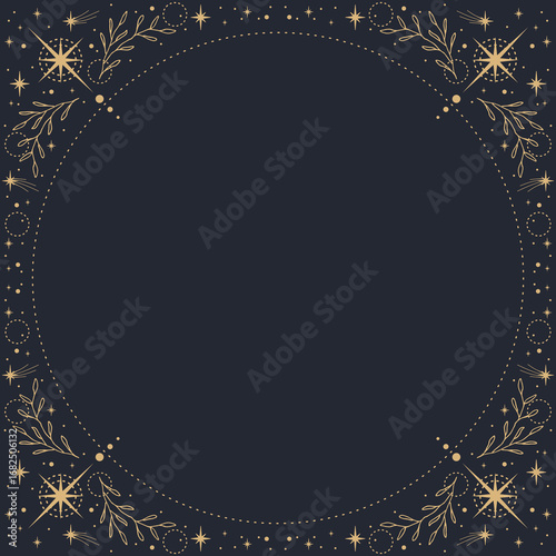 Magic vector frame with plants, stars and constellations. Mystic frame for tarot, esoteric, astrology design. Template for poster and prints.