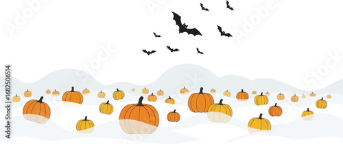 Halloween pumpkin patch with flying bats, a spooky scene with many pumpkins in a field