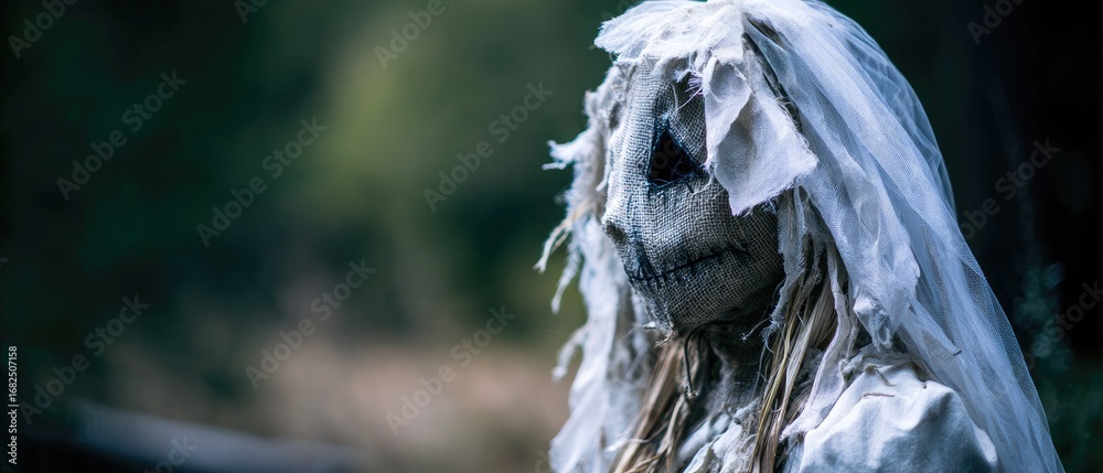 Fototapeta premium A haunting figure resembling a bride, made from fabric and natural materials, stands in a blurred forest backdrop, evoking a sense of mystery.