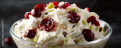 Ambrosia Creamy salad with cranberries and fruit, served in glass bowl