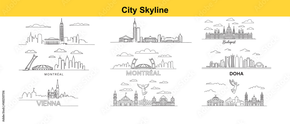 Obraz premium Illustrations of Global City Skylines Featuring Montreal, Doha, Vienna and Budapest With Simple Line Art and Minimalist Design