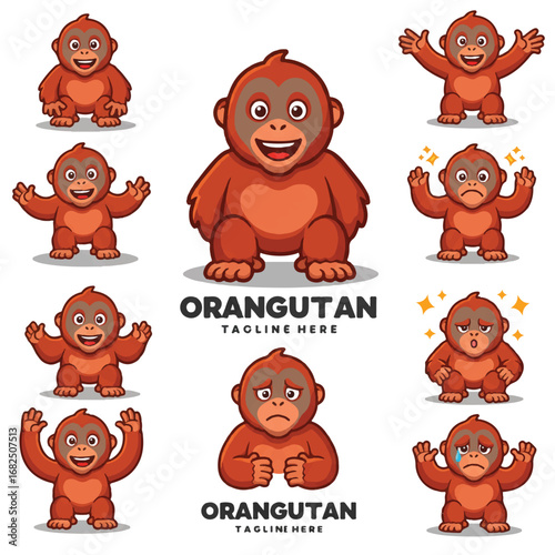A playful flat 2D vector illustration set showcases various dynamic poses of a friendly orangutan mascot, prominently featured against a clean, isolated white background.