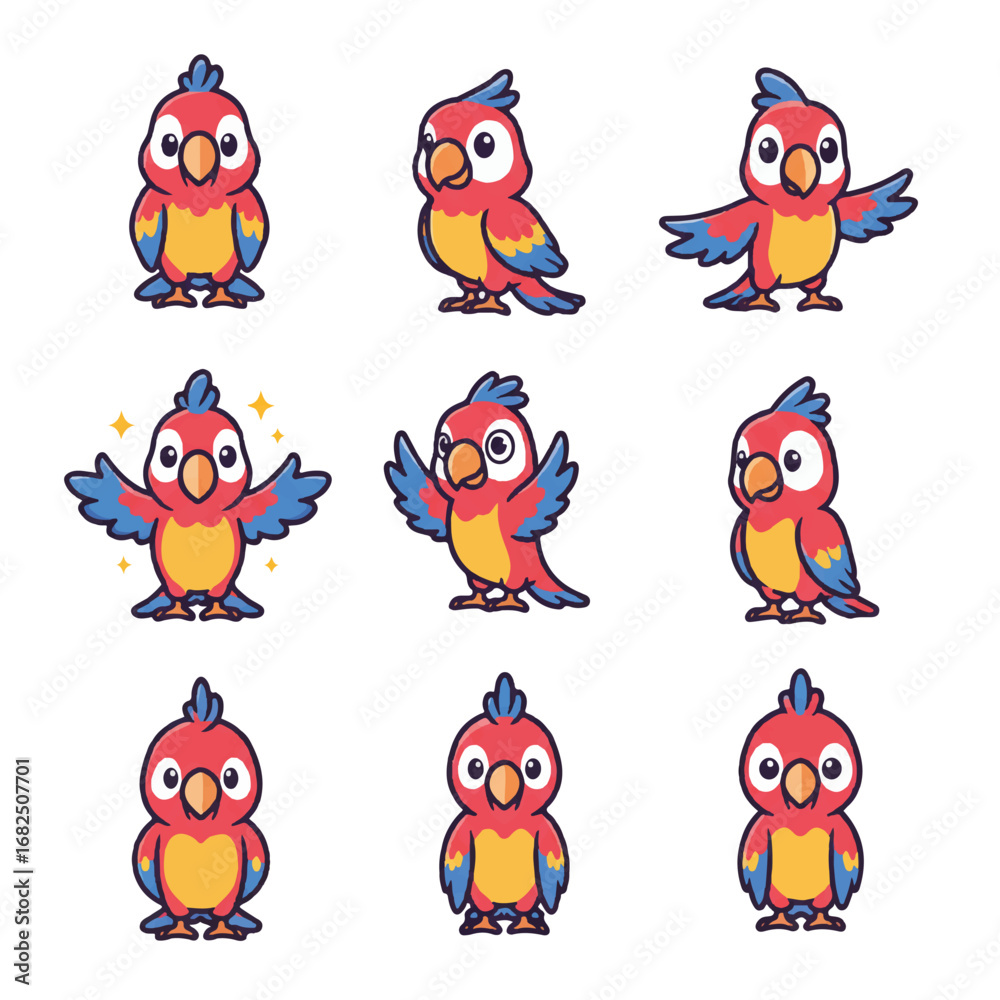 Obraz premium A vibrant flat 2D vector illustration features a playful parrot mascot character, cleanly isolated against a bright white background, ready for various branding applications.