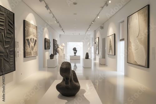 Contemporary Art Gallery Showcasing Sculptures and Paintings in a Minimalist, White Interior Design