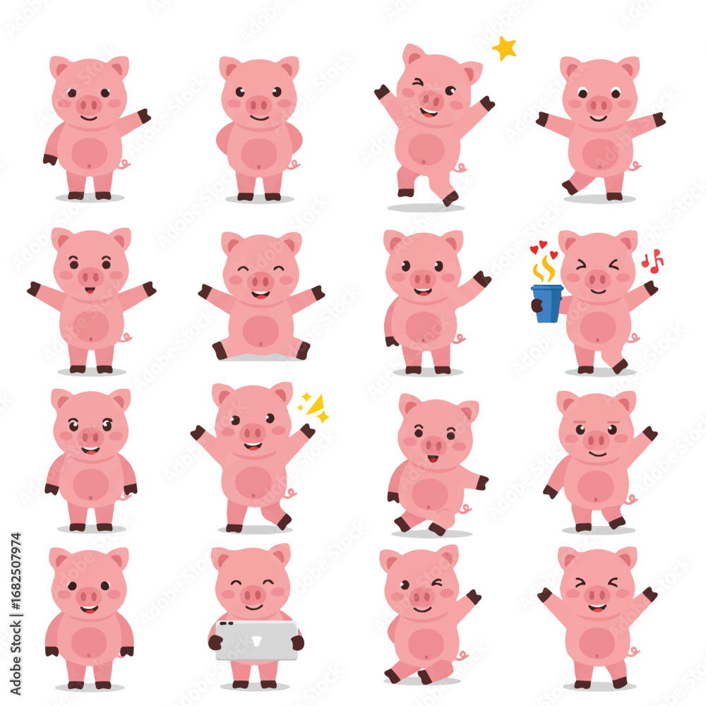 Fototapeta premium Playful flat 2D vector illustration set featuring a friendly pig mascot in various poses, isolated on a clean white background, perfect for branding.