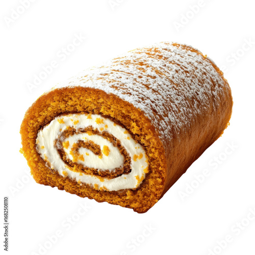Delicious pumpkin roll with cream cheese filling and powdered sugar dusting a festive dessert for fall holidays and thanksgiving celebrations on transparent background