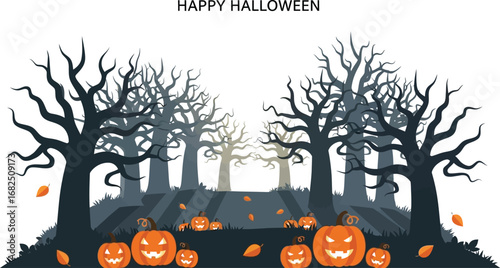 Halloween night scene with spooky trees and pumpkins, creating a festive and eerie atmosphere