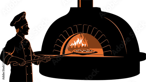 Pizza Chef Baking in a Traditional Oven | Silhouette of Cook Preparing Authentic Italian Food for Restaurant Menus and Cooking Illustrations
