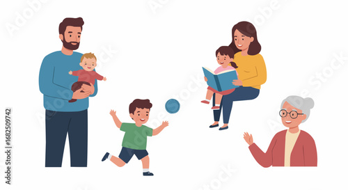 A family gathers, playing, reading, and interacting with each other in a loving scene.