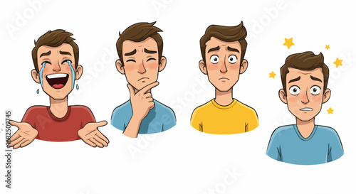 Illustration showing a man with four different emotional expressions: crying, thoughtful, sad, and dizzy.