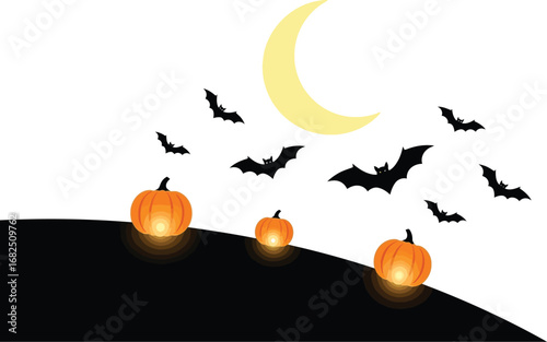 Halloween night scene with pumpkins, bats, and moon spooky and festive illustration for holiday celebration