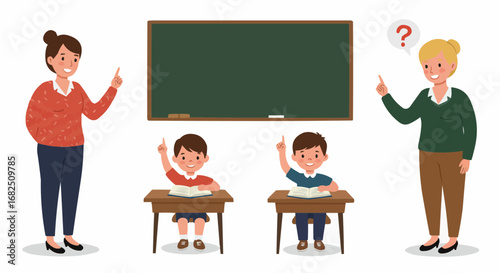 Two teachers enthusiastically instruct two attentive students in a classroom setting, emphasizing interactive learning.