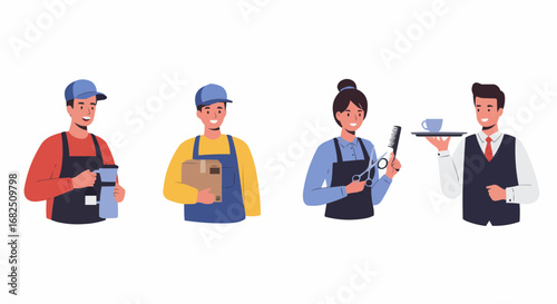 Four diverse service industry workers depicted, each holding items related to their profession.