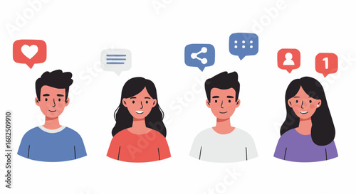 Four cartoon avatars with social media icons above their heads, representing online engagement.