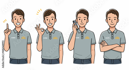Four illustrations of a smiling young man in a grey polo shirt, showcasing various gestures and poses.