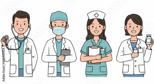 Cartoon illustration of a doctor, surgeon, nurse, and pharmacist, all in white medical attire.