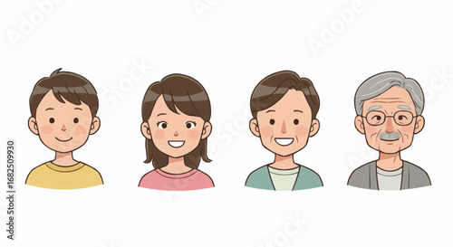 Cartoon illustration of a happy family, showing a boy, girl, man, and elderly man, all with smiling expressions.