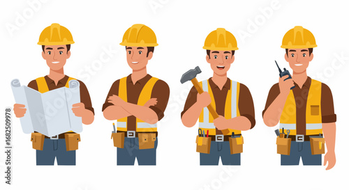 Four smiling construction workers in hard hats, showcasing various tasks: blueprint review, confident pose, hammer use, and radio communication.