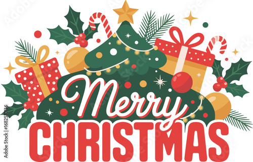 Festive merry christmas tree with gifts and ornaments