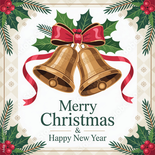 Golden christmas bells with red ribbon and holly decoration
