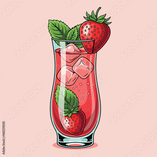 vector, illustration, glass, cocktail, drink, red, alcohol, fruit, isolated, wine, beverage, food, strawberry, cold, juice, fresh, white, cherry, martini, liquid, sweet, dessert, refreshment, ice, cel