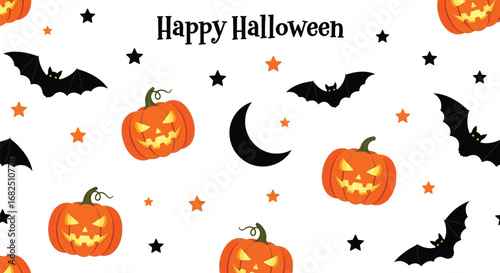 Seamless happy halloween pattern featuring pumpkins, bats, stars, and a crescent moon, creating a festive and spooky design