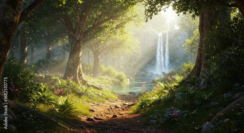 Sunlit forest path leading to a serene waterfall