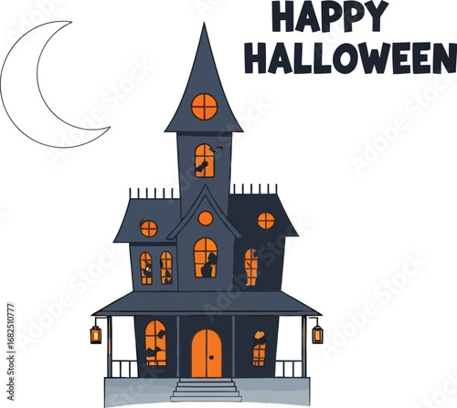 A spooky haunted house with glowing windows and a crescent moon