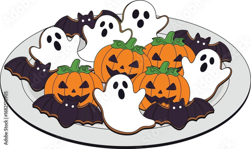 Halloween cookies on a plate, including ghosts, pumpkins, and bats, perfect for a spooky and festive treat