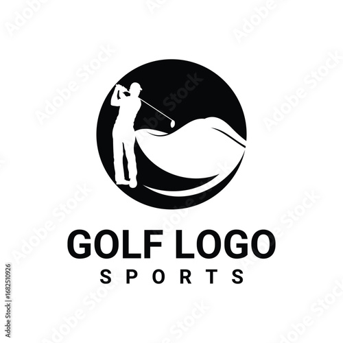 Golf sports logo design with a silhouette of a person throwing a golf ball with a club	