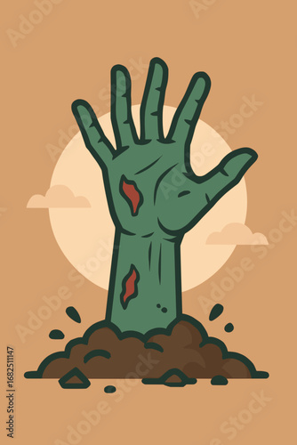 Flat Vector Illustration of a zombie hand rising from the ground