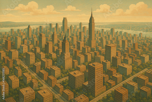 Timeless aerial perspective of a grand metropolitan cityscape, featuring iconic towering architecture and a sprawling urban grid under a serene sky