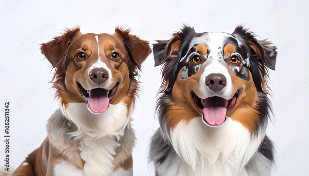 Fototapeta premium Two happy, bright-eyed dogs sit side-by-side. One is reddish brown and white, the other black, white, brown, and tan. Both have tongues lolling out
