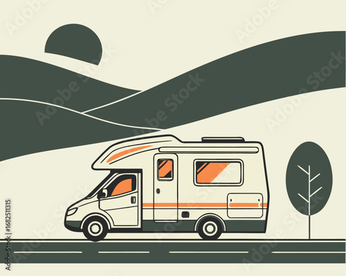 Minimalist Camper Van Vector Illustration, Modern Side-Profile Van in Scenic Rolling Hills, Contemporary Travel Design