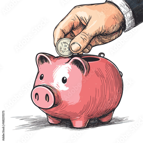 closeup hand of businessman putting coin into piggy bank hole illustration vector hand drawn isolated on white background line art. , vector style simple color
