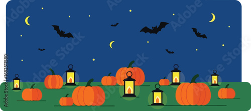 Halloween night scene with pumpkins, bats, moon, and lanterns in a spooky field under the starry sky