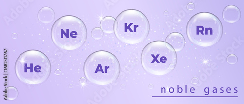 Illustration Showing Noble Gases Symbols Floating in Transparent Bubbles on a Purple Background