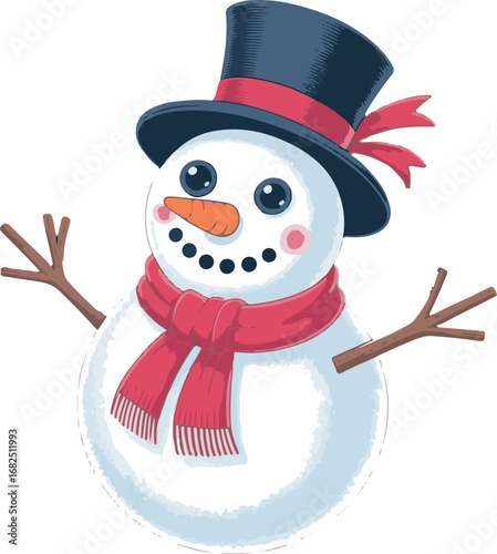 Cheerful snowman wearing a top hat and scarf