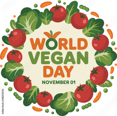 World vegan day celebration with fresh vegetables and festive text